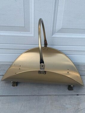 Vintage Brass Log Holder Fireplace Kindling Basket Claw Feet Regency MCM